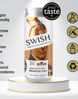 SWISH Marmalade On Toast Breakfast Fizz 0% Alc Vol 250ml can displayed on a pedestal with icons highlighting product benefits.