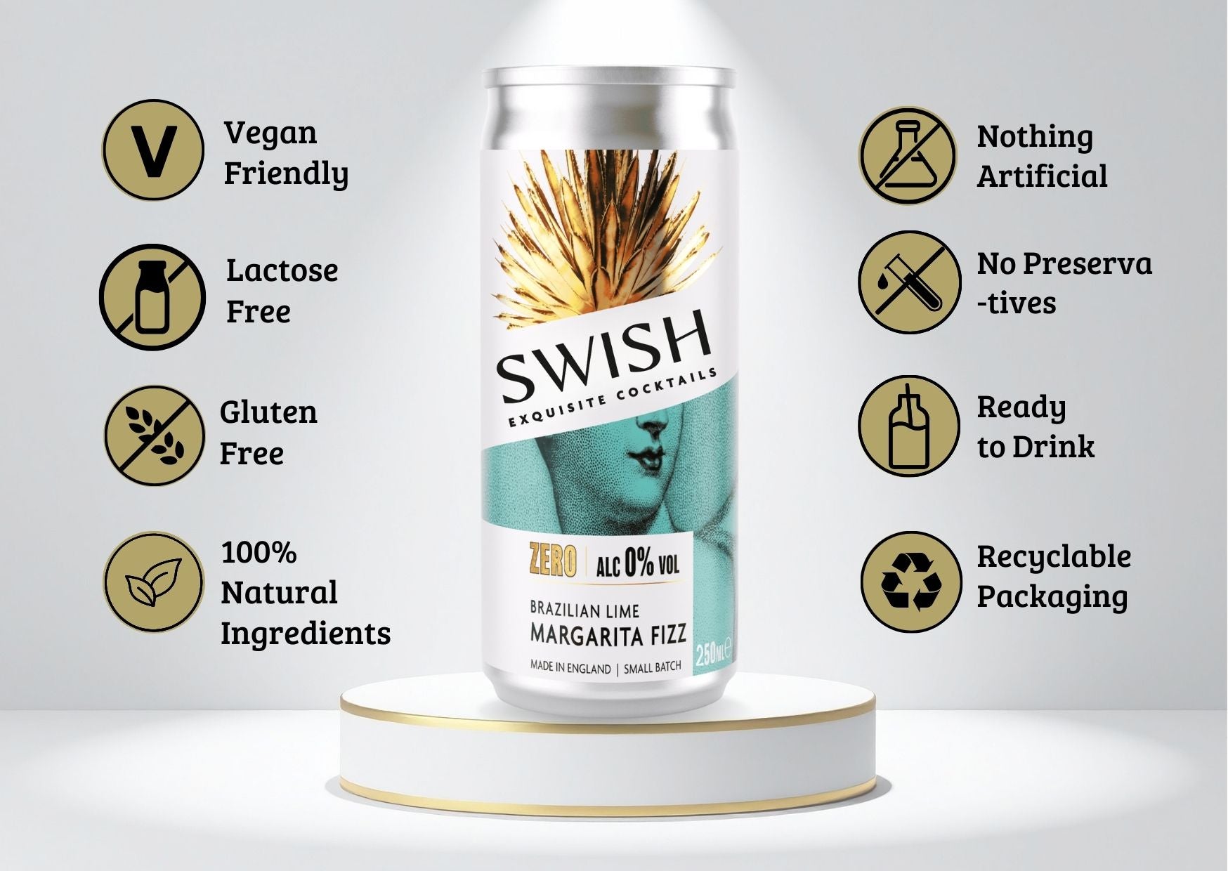 SWISH Brazilian Lime Margarita Fizz 0% Alc Vol 250ml can displayed on a pedestal with icons highlighting product benefits.