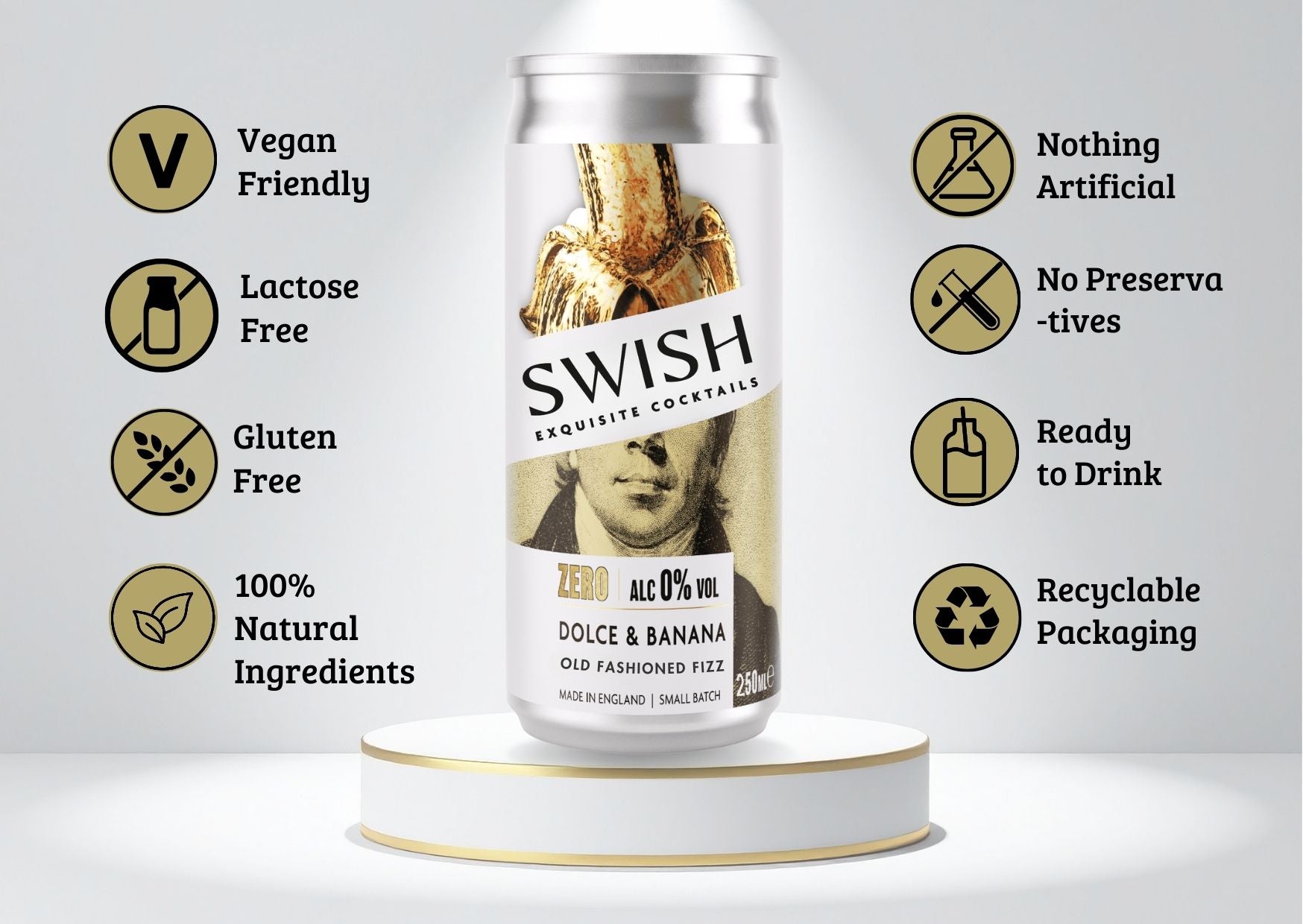 SWISH Dolce &amp; Banana Old Fashioned Fizz 0% Alc Vol 250ml can displayed on a pedestal with icons highlighting product benefits.
