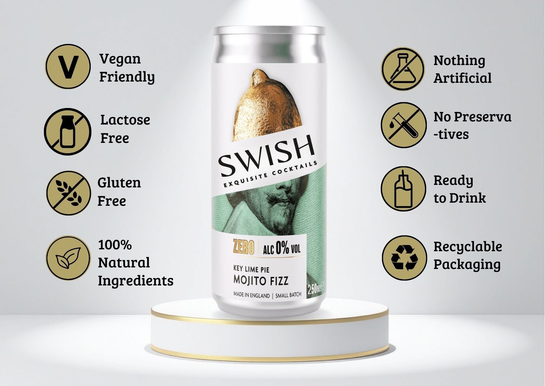 SWISH Key Lime Pie Mojito Fizz 0% Alc Vol 250ml can displayed on a pedestal with icons highlighting product benefits.