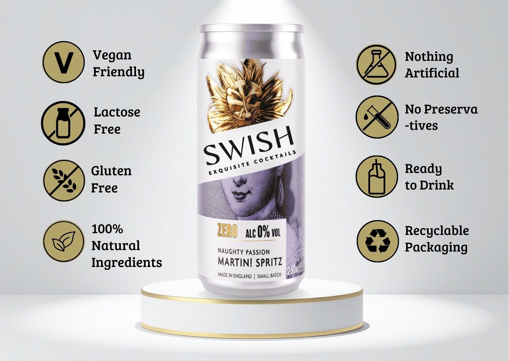 SWISH Naughty Passion Martini Spritz 0% Alc Vol 250ml can displayed on a pedestal with icons highlighting product benefits.