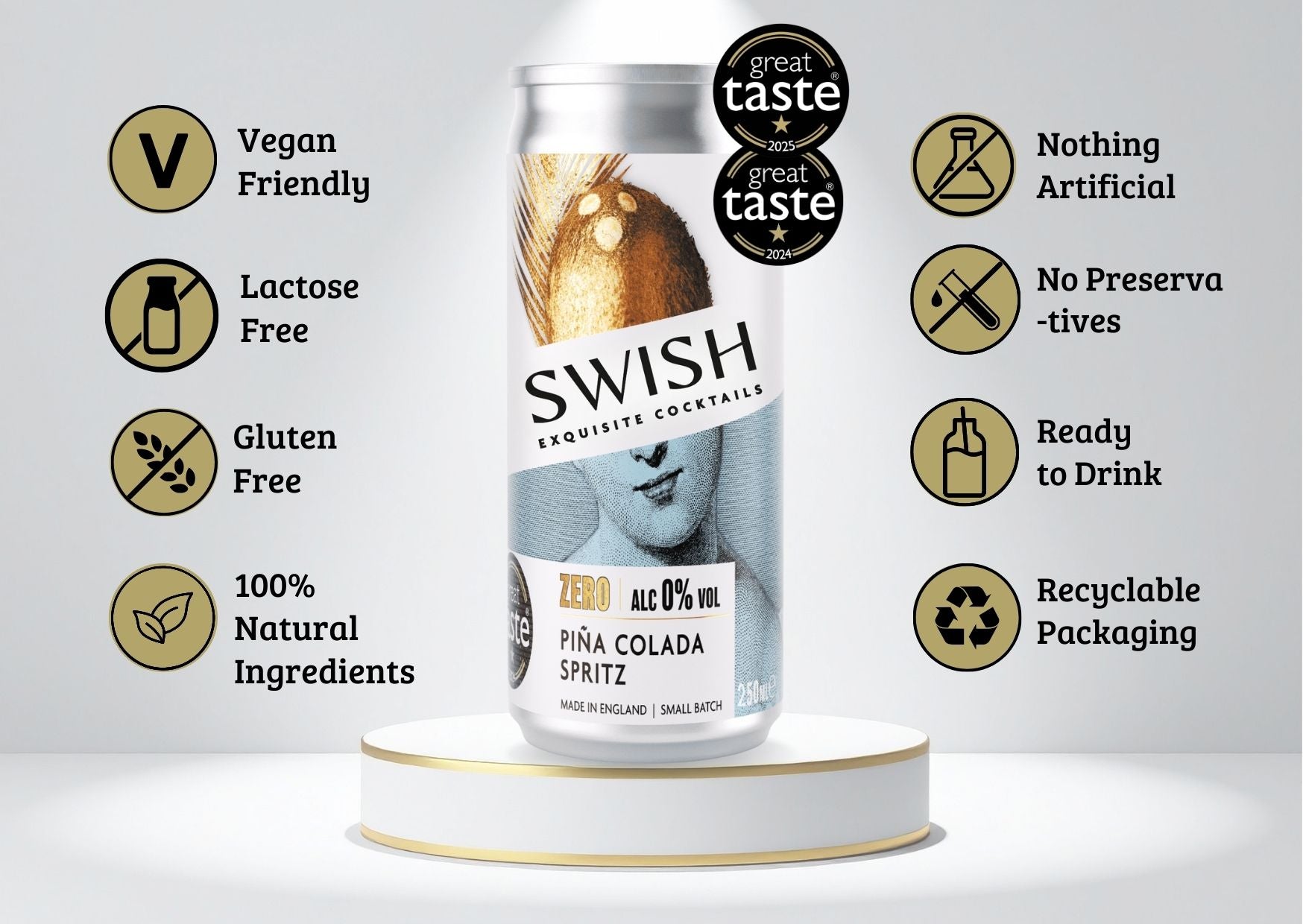 Great taste award winning, SWISH Pina Colada Spritz 0% Alc Vol 250ml can displayed on a pedestal with icons highlighting product benefits.