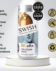 Great taste award winning, SWISH Pina Colada Spritz 0% Alc Vol 250ml can displayed on a pedestal with icons highlighting product benefits.