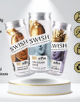SWISH Zero Range 250ml cans – Marmalade On Toast Breakfast Fizz, Pina Colada Spritz, and Naughty Passion Martini Spritz – displayed on a pedestal with icons highlighting product benefits