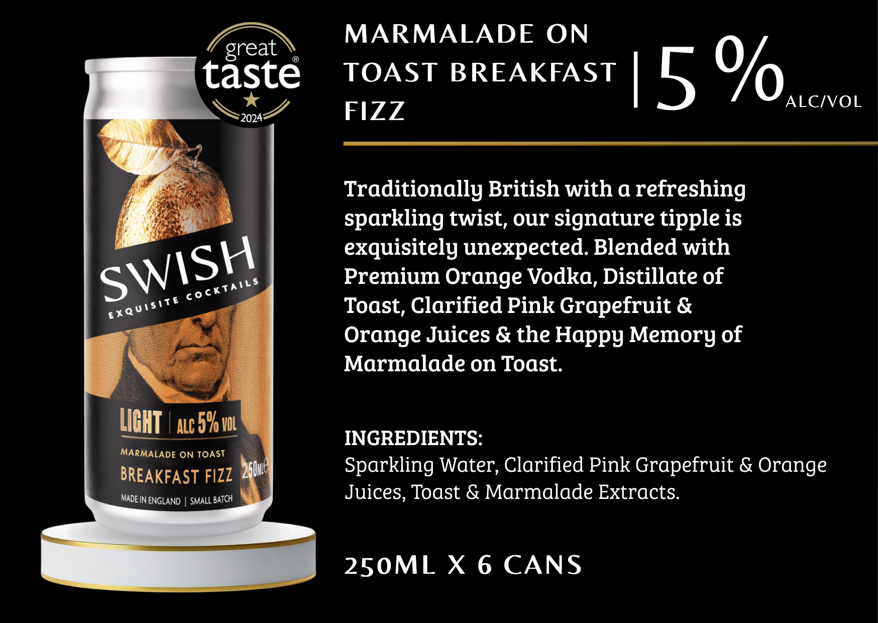 Swish cocktail can with branding and product details on a black background