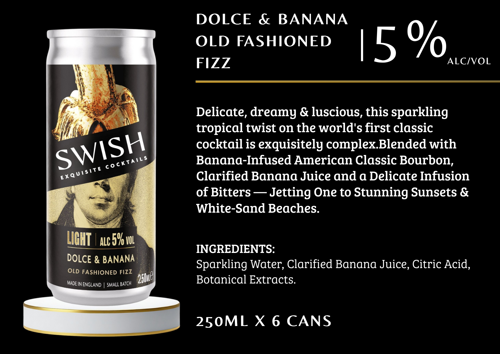 Swish cocktail can with product details on a black background