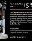 Can of Swish Pina Colada Spritz cocktail with branding and product details on a black background
