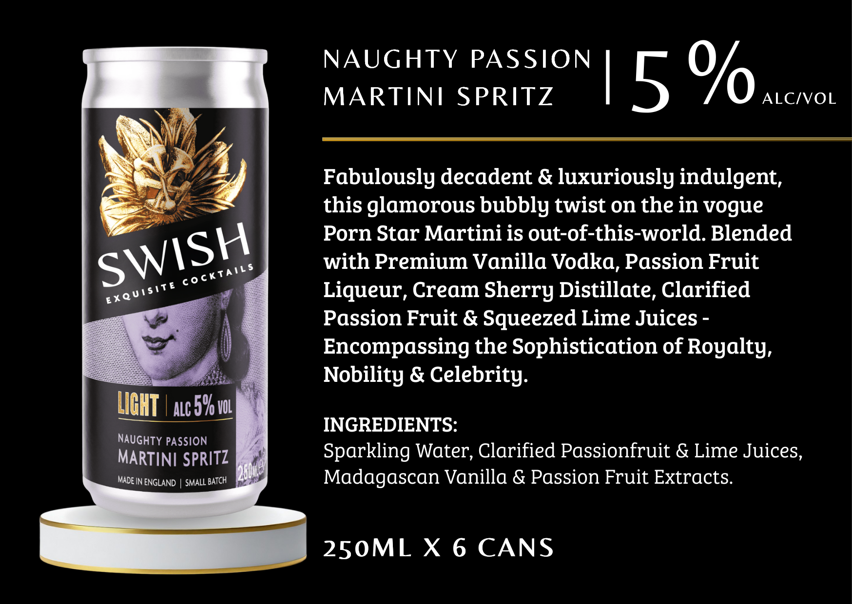Swish Naughty Passion Martini Spritz can with product details on a black background