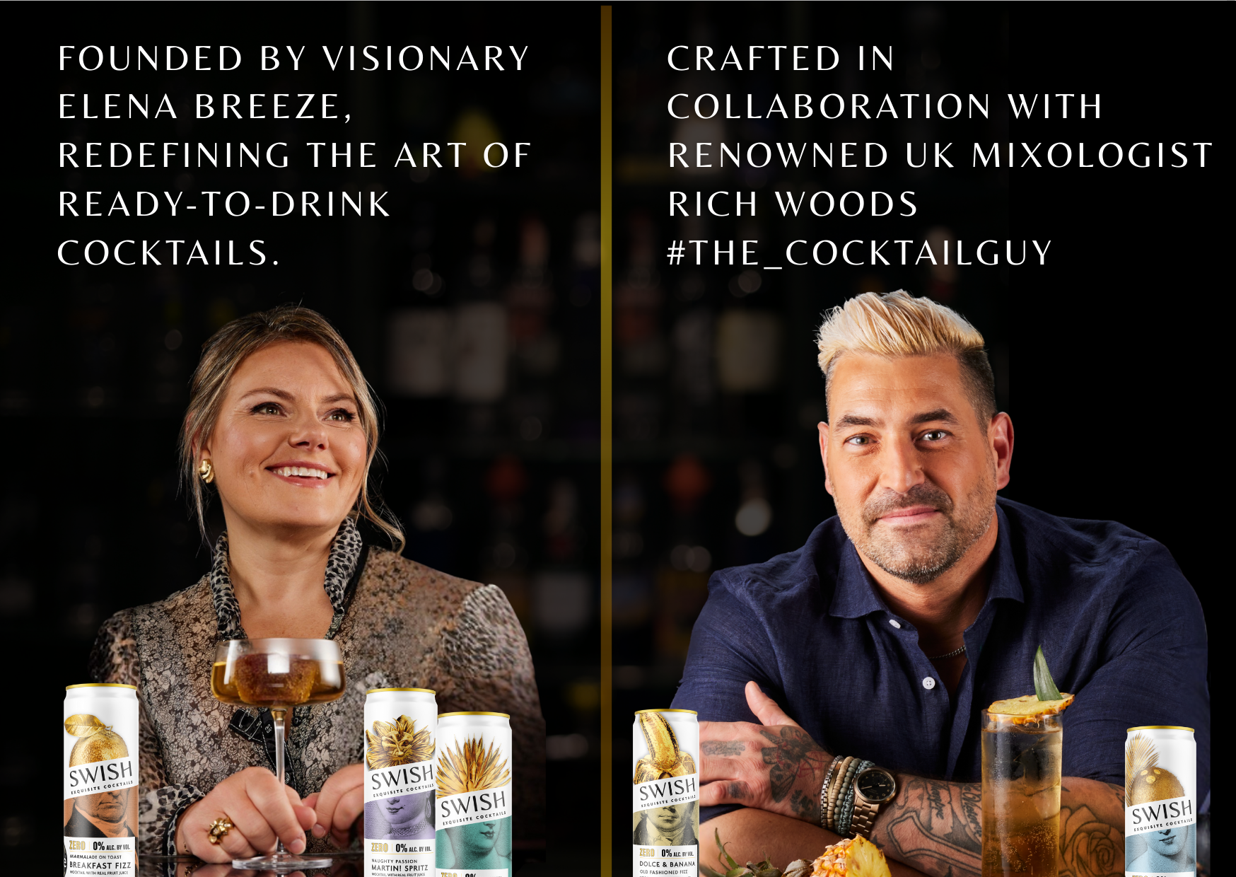 Two people with Swish cocktail bottles and a drink, with text about the brand and mixologists.