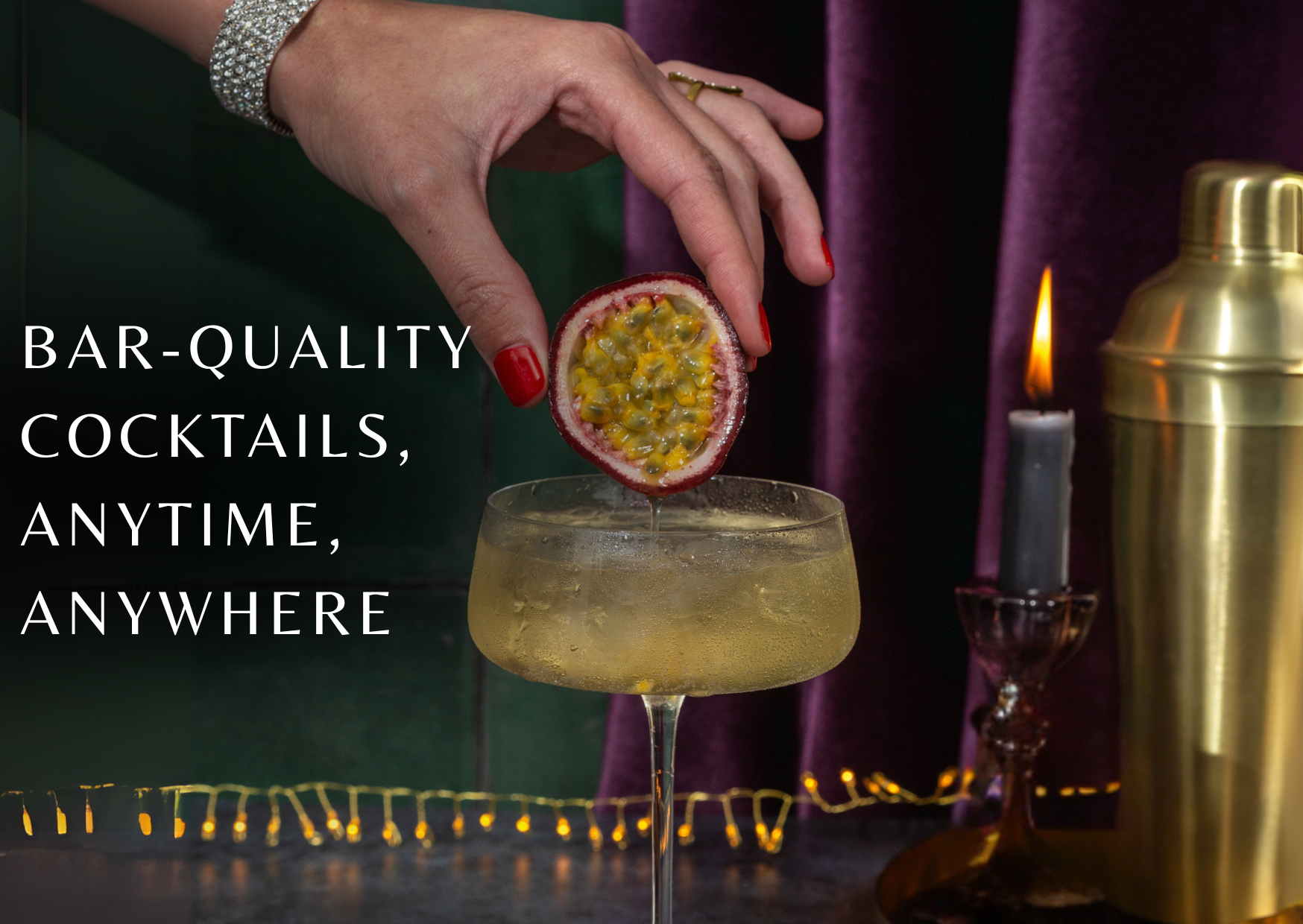 Cocktail being garnished with a passion fruit slice, with text about bar-quality cocktails.