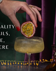 Cocktail being garnished with a passion fruit slice, with text about bar-quality cocktails.