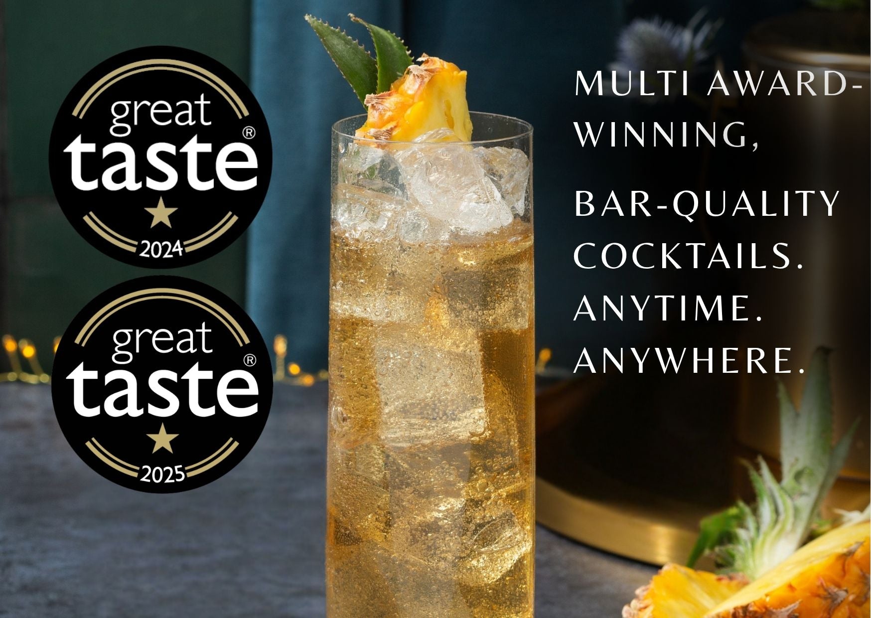 Multi award winning, SWISH ready-to-drink cocktail served over ice in a stylish glass, capturing the premium bar-quality experience that can be enjoyed anytime, anywhere