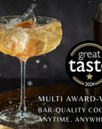 Multi award winning, SWISH ready-to-drink cocktail served over ice in a stylish glass, capturing the premium bar-quality experience that can be enjoyed anytime, anywhere
