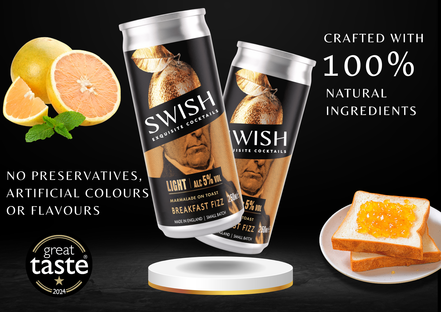 Two cans of Swish breakfast fizz with citrus fruits, toast, and a 'Great Taste' award logo on a black background.
