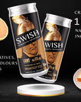 Two cans of Swish breakfast fizz with citrus fruits, toast, and a 'Great Taste' award logo on a black background.