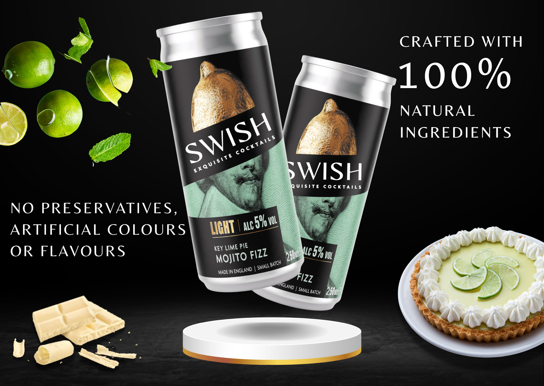 Two cans of Swish cocktails with key lime pie mojito fizz on a black background, surrounded by limes, cookies, and a dessert.
