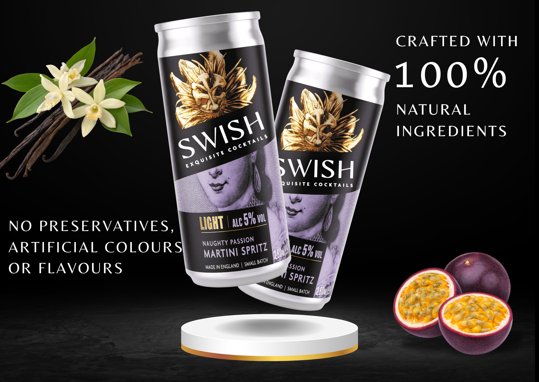 Two cans of Swish cocktails on a black background with vanilla beans and passion fruits.