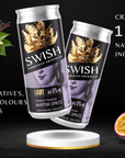 Two cans of Swish cocktails on a black background with vanilla beans and passion fruits.