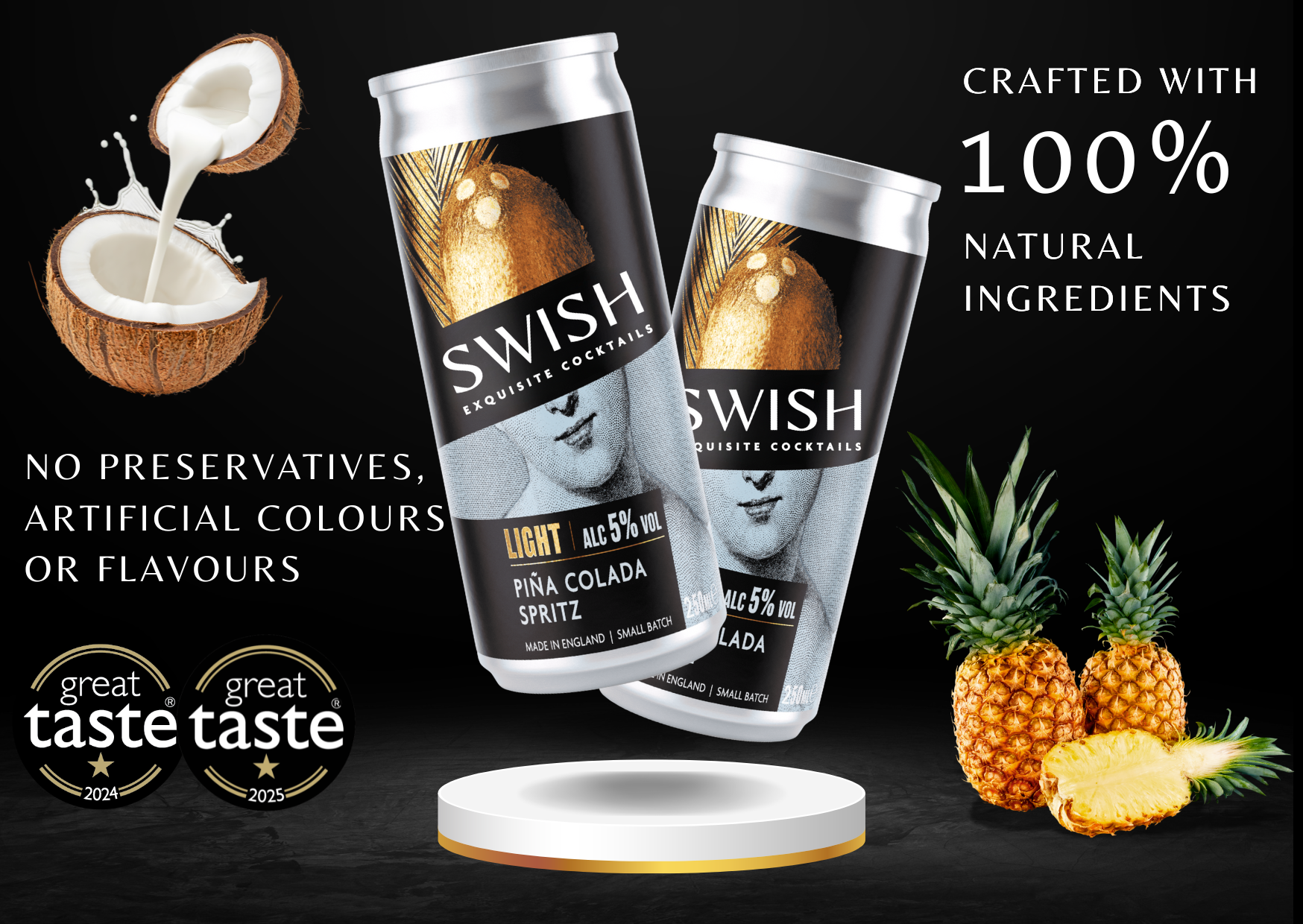 Two cans of Swish cocktails with coconuts, pineapples, and text about natural ingredients on a black background.