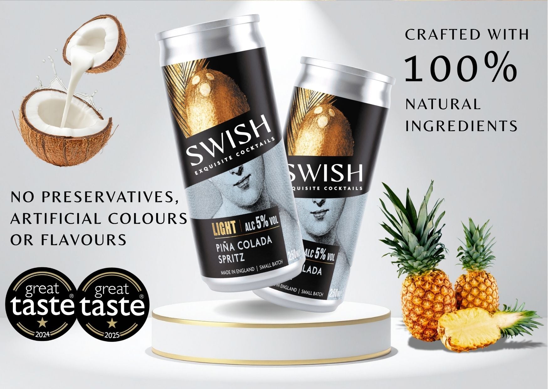 SWISH Exquisite Cocktails – Light Range 250ml cans crafted with 100% natural ingredients, no preservatives, artificial colours, or flavours. Premium ready-to-drink cocktails inspired by real fruits and botanicals