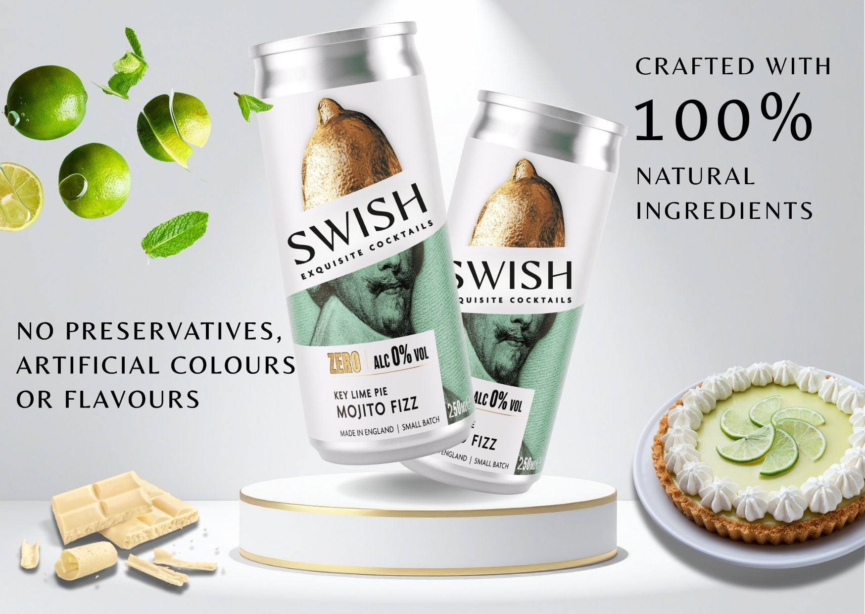 SWISH Exquisite Cocktails – Zero Range 250ml cans crafted with 100% natural ingredients, no preservatives, artificial colours, or flavours. Premium ready-to-drink cocktails inspired by real fruits and botanicals
