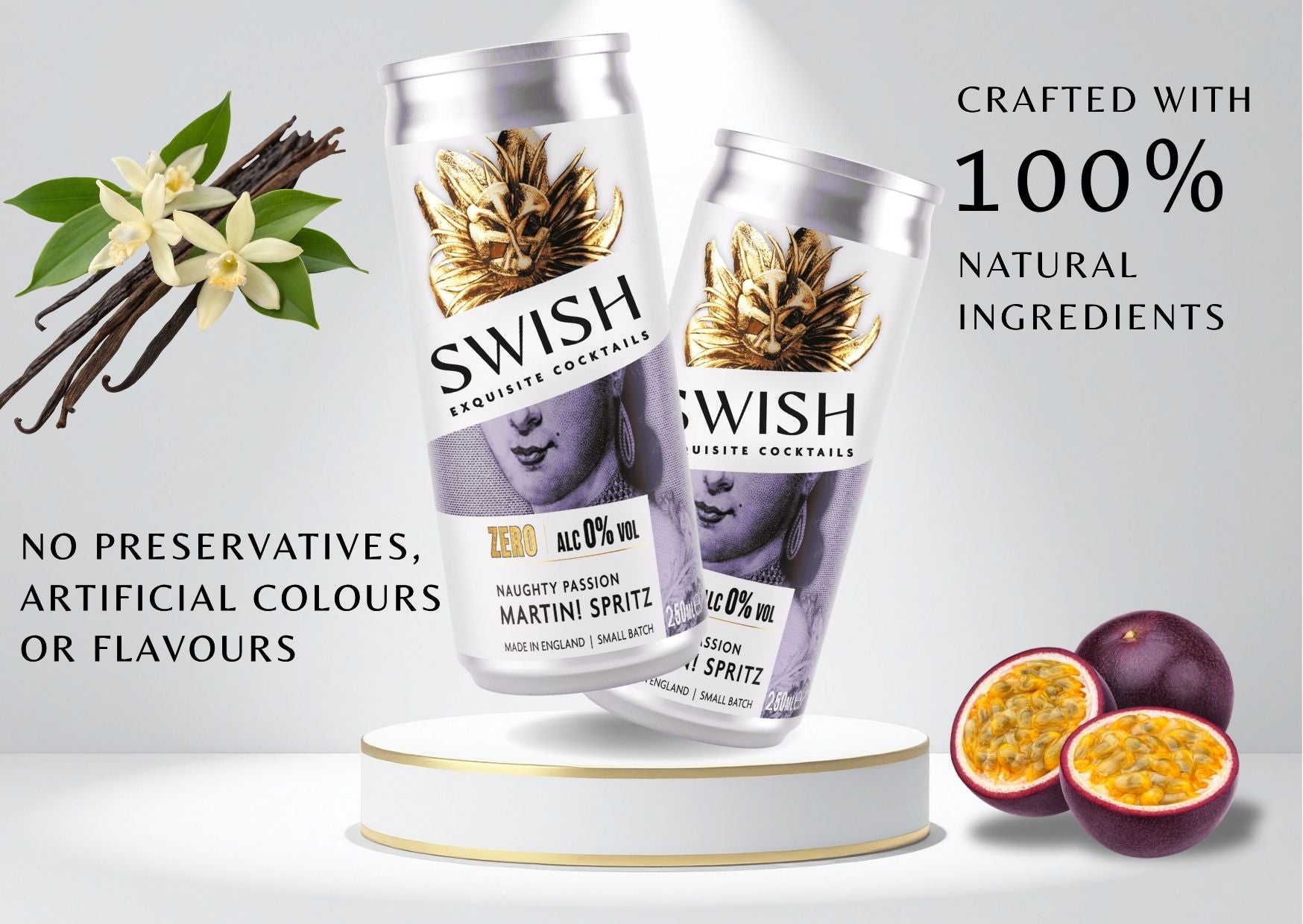 SWISH Exquisite Cocktails – Zero Range 250ml cans crafted with 100% natural ingredients, no preservatives, artificial colours, or flavours. Premium ready-to-drink cocktails inspired by real fruits and botanicals