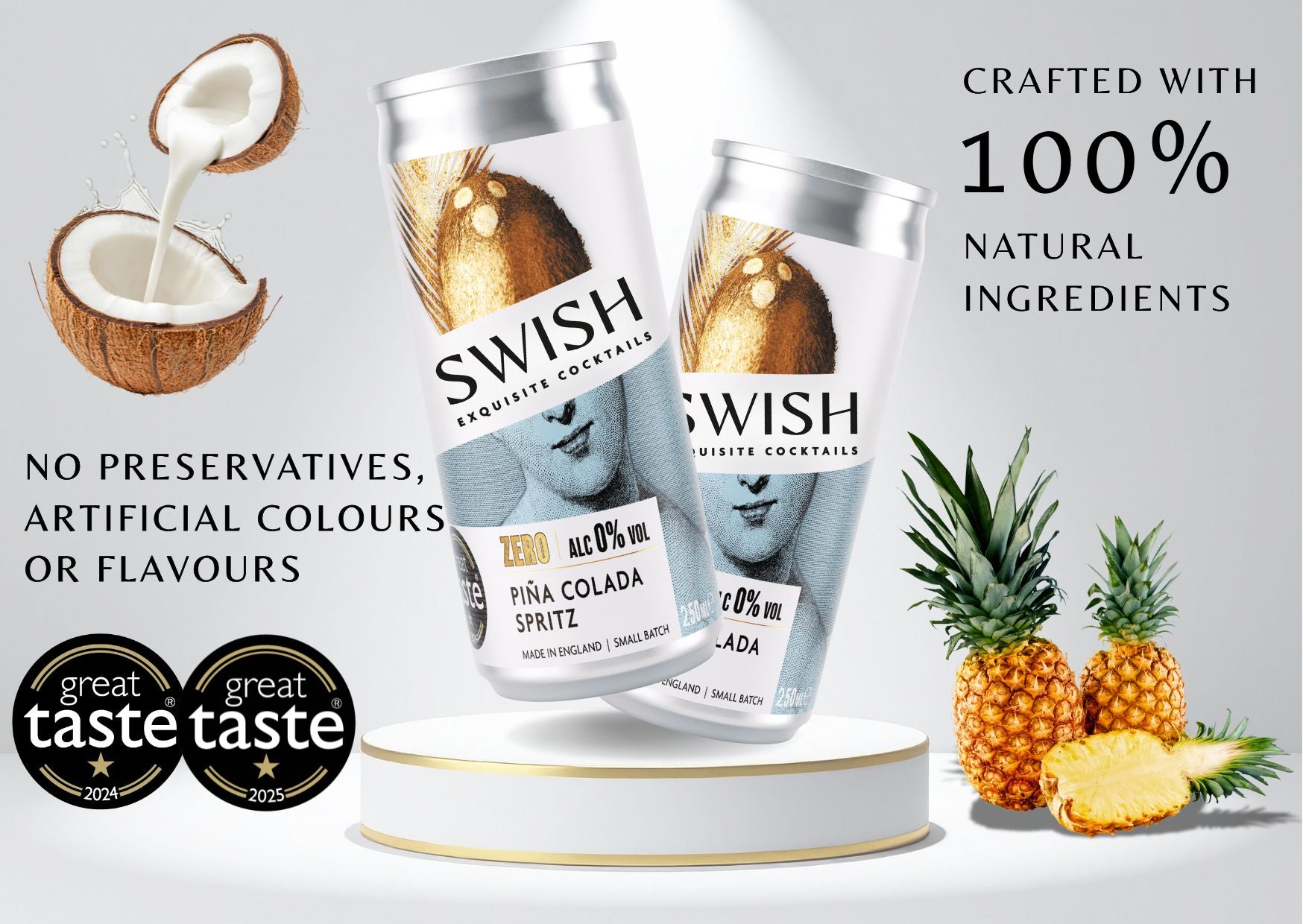 SWISH Exquisite Cocktails – Zero Range 250ml cans crafted with 100% natural ingredients, no preservatives, artificial colours, or flavours. Premium ready-to-drink cocktails inspired by real fruits and botanicals