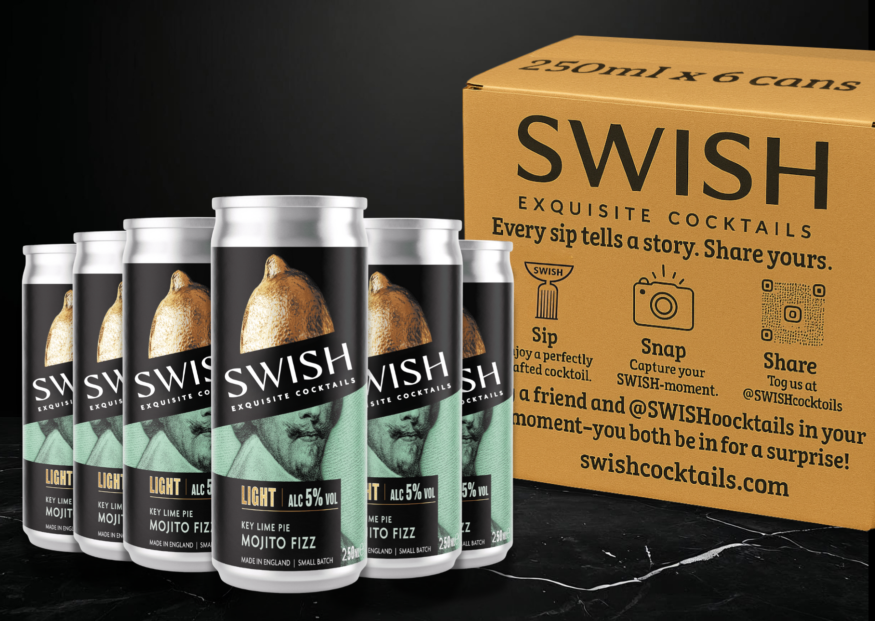Swish Mojito Fizz cans with a cardboard box on a dark background