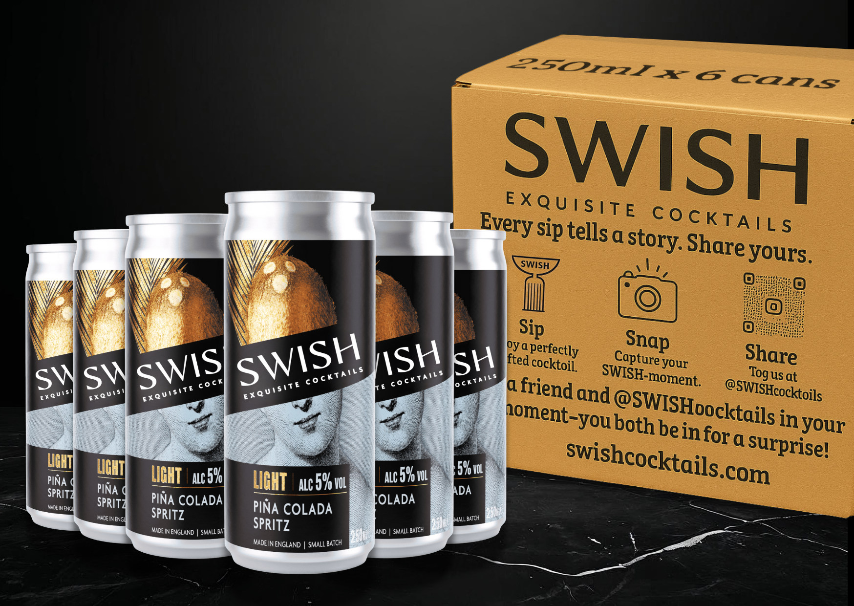 SWISH cocktails cans with packaging on a black background