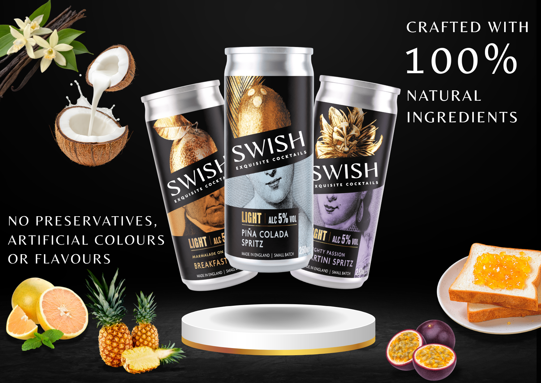 Three Swish energy drink cans with ingredients and products on a black background