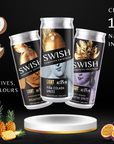 Three Swish energy drink cans with ingredients and products on a black background
