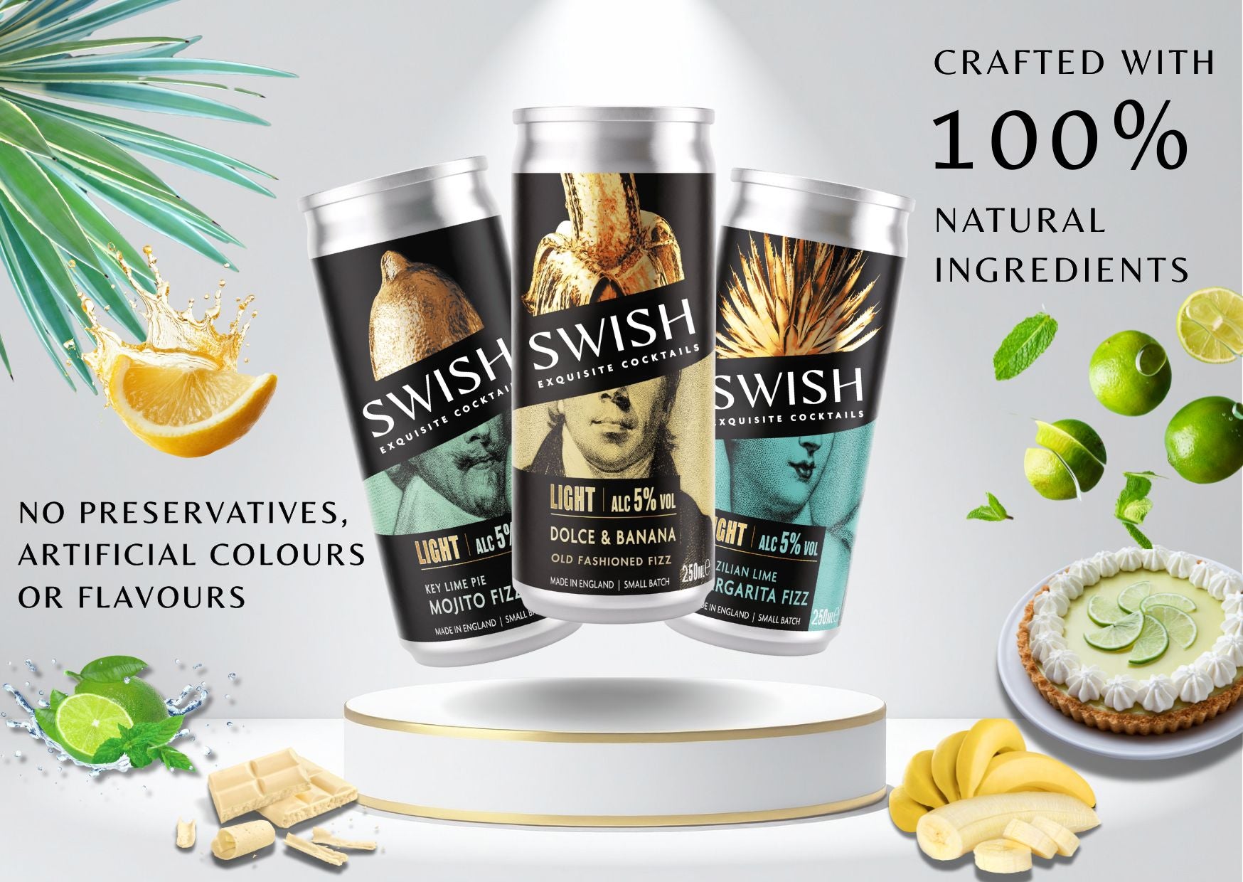 SWISH Exquisite Cocktails – Light Range 250ml cans crafted with 100% natural ingredients, no preservatives, artificial colours, or flavours. Premium ready-to-drink cocktails inspired by real fruits and botanicals