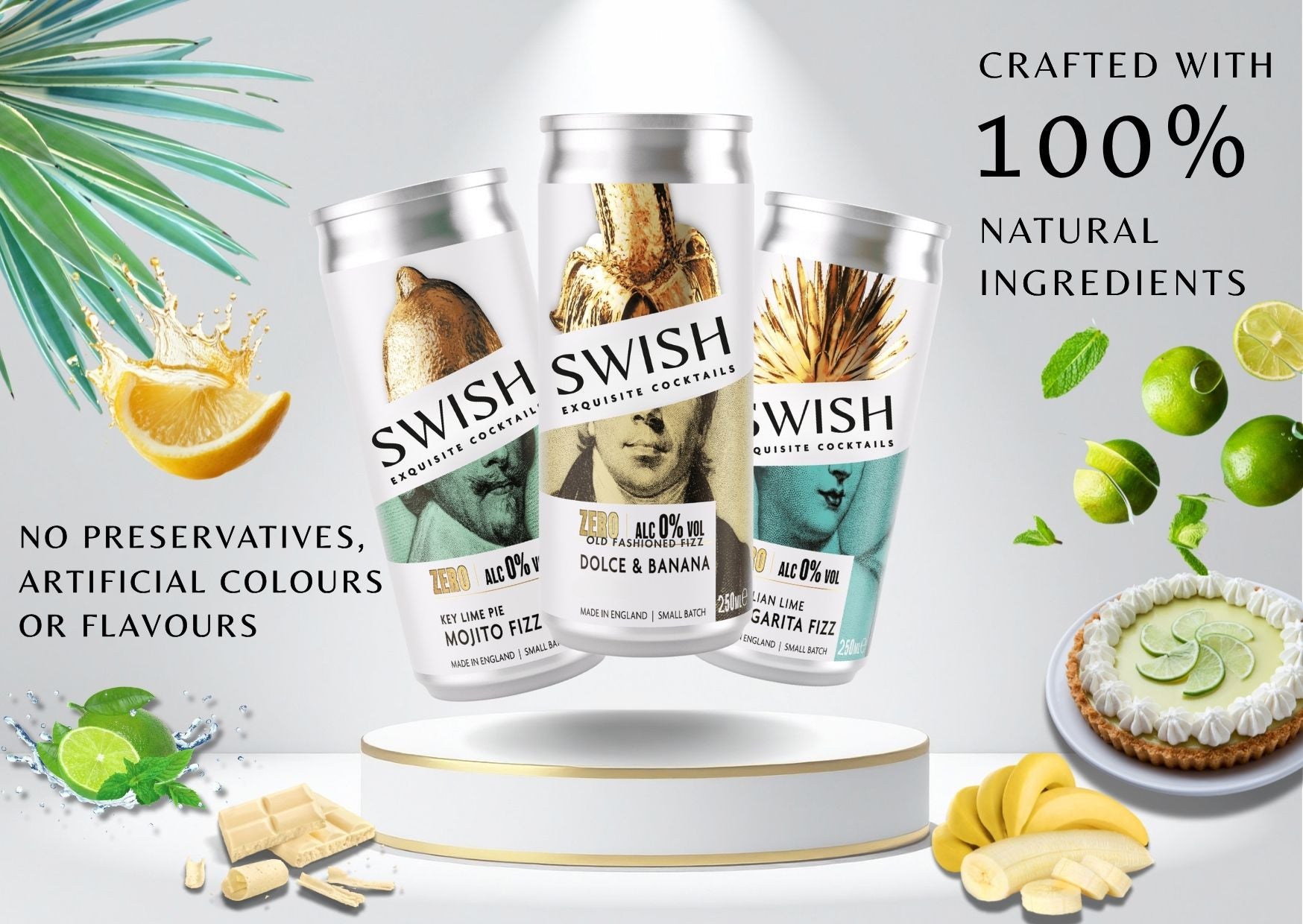 SWISH Exquisite Cocktails – Zero Range 250ml cans crafted with 100% natural ingredients, no preservatives, artificial colours, or flavours. Premium ready-to-drink cocktails inspired by real fruits and botanicals