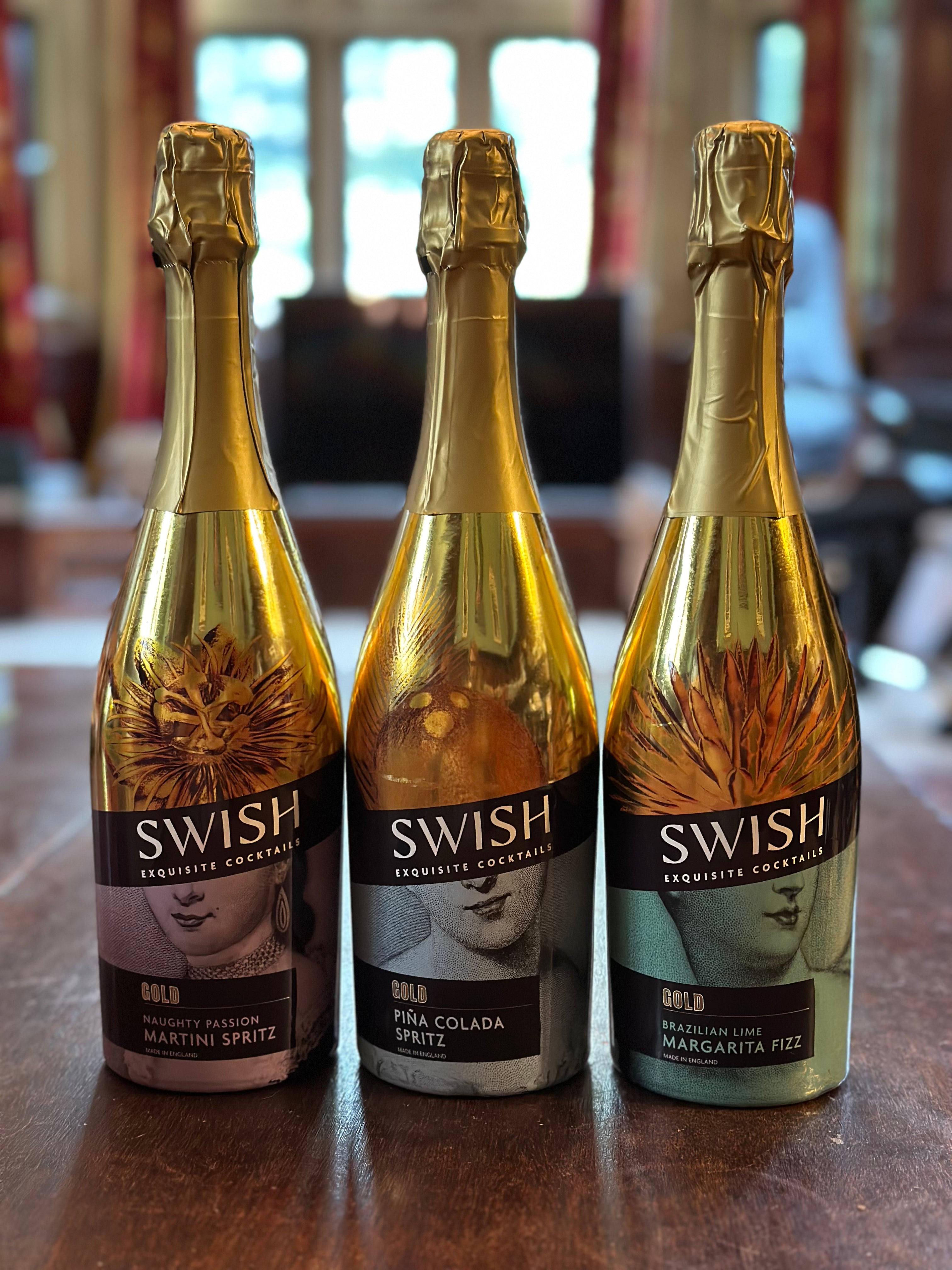 SWISH Gold Range 12% Alc Vol 750ml bottles featuring Naughty Passion Martini Spritz, Pina Colada Spritz, and Brazilian Lime Margarita Fizz premium sparkling cocktails.