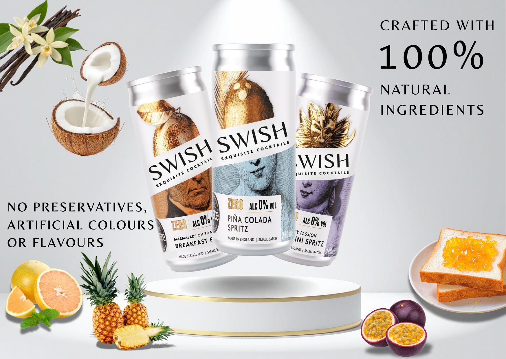 SWISH Exquisite Cocktails – Zero Range 250ml cans crafted with 100% natural ingredients, no preservatives, artificial colours, or flavours. Premium ready-to-drink cocktails inspired by real fruits and botanicals