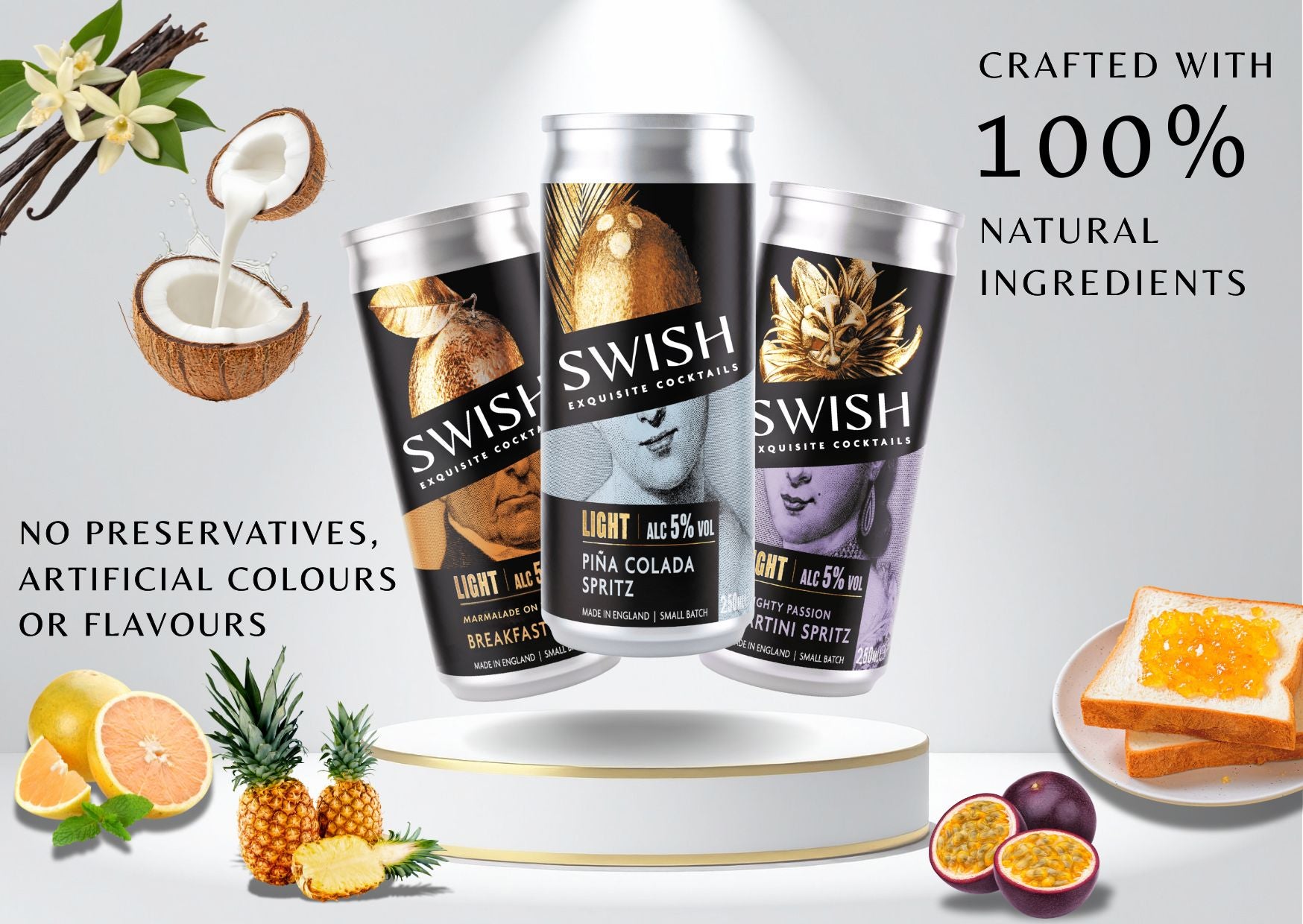 SWISH Exquisite Cocktails – Light Range 250ml cans crafted with 100% natural ingredients, no preservatives, artificial colours, or flavours. Premium ready-to-drink cocktails inspired by real fruits and botanicals