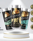SWISH Light Range 250ml cans – Key Lime Pie Mojito Fizz, Dolce & Banana Old Fashioned Fizz, and Brazilian Lime Margarita Fizz – displayed on a pedestal with icons highlighting product benefits.