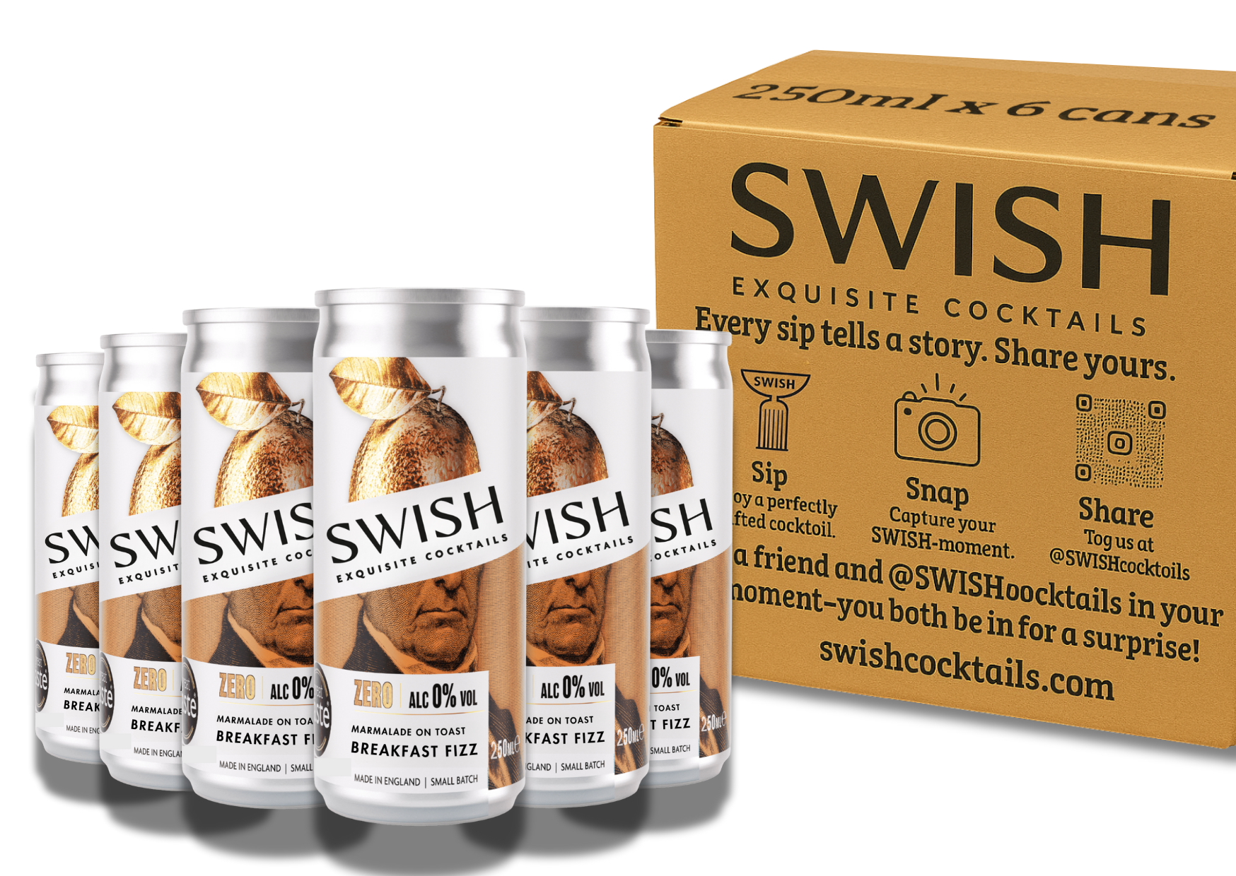 SWISH Marmalade On Toast Breakfast Fizz 0% Alc Vol 250ml cans – 6-Pack with branded box.