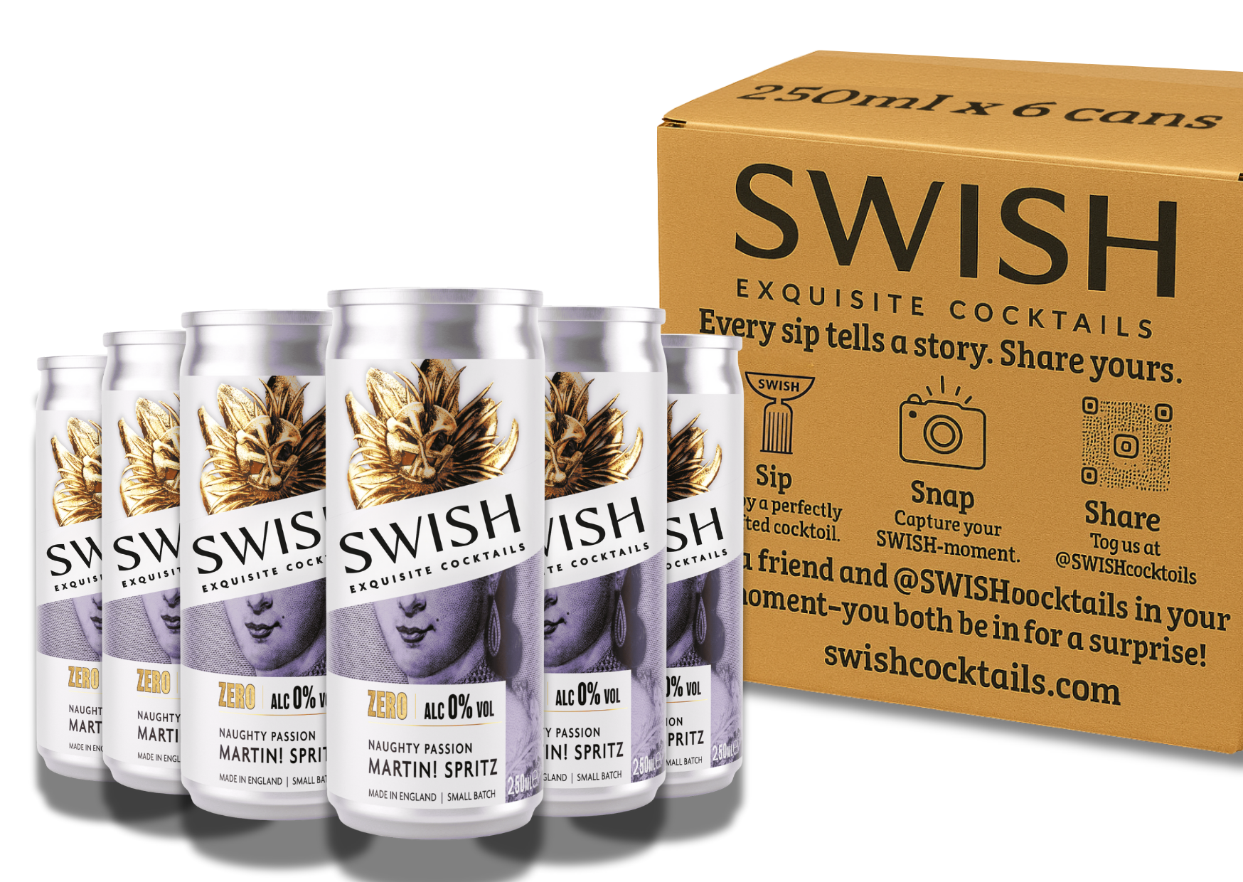SWISH Naughty Passion Martini Spritz 0% Alc Vol 250ml cans – 6-Pack with branded box.