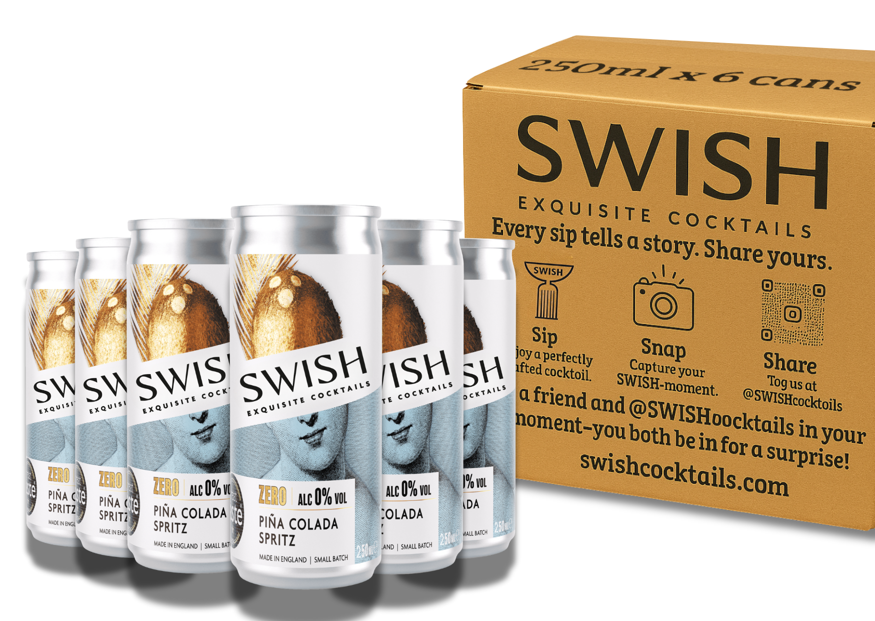 SWISH Pina Colada Spritz 0% Alc Vol 250ml cans – 6-Pack with branded box.