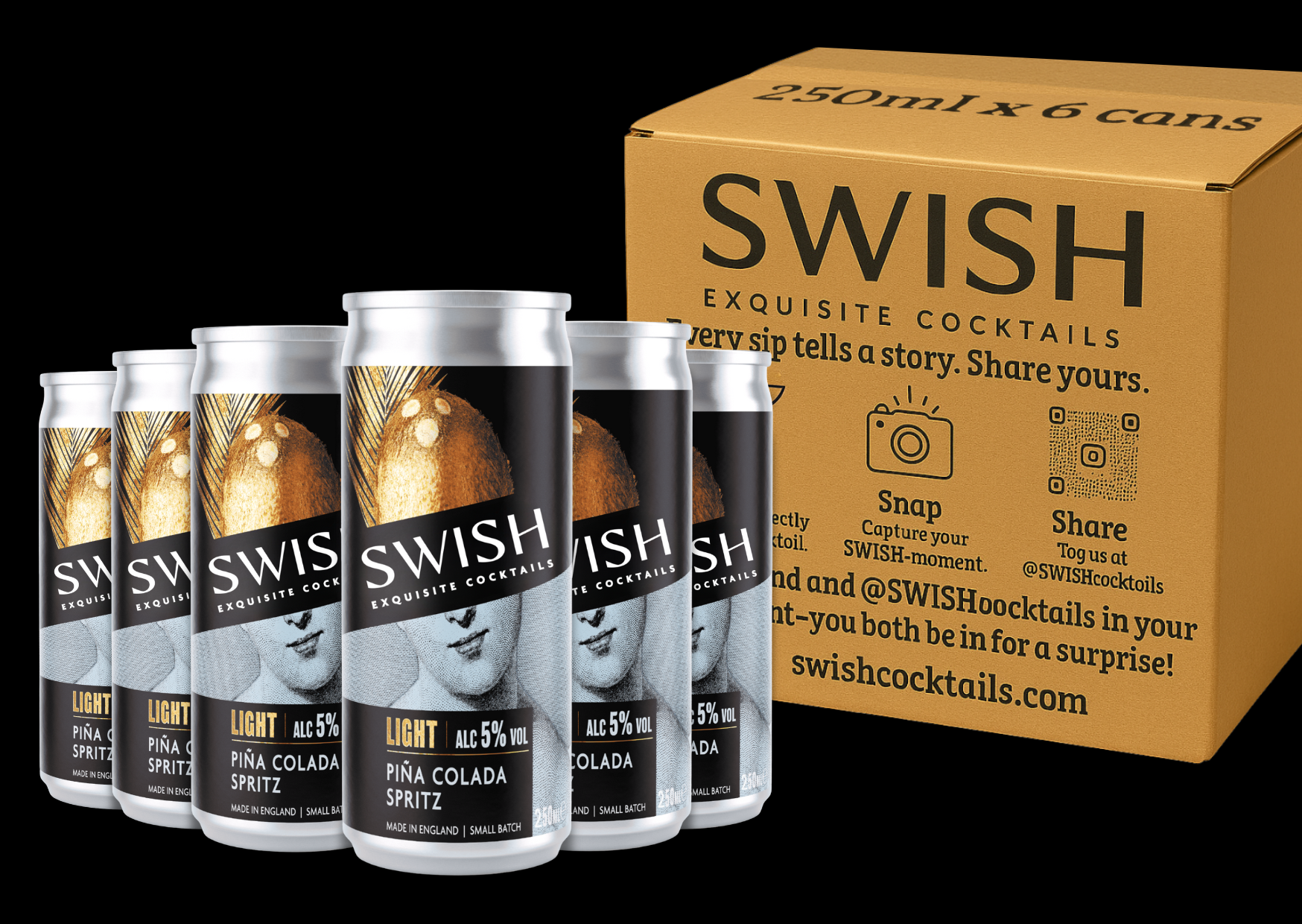 SWISH Pina Colada Spritz 5% Alc Vol 250ml cans – 6-Pack with branded box.