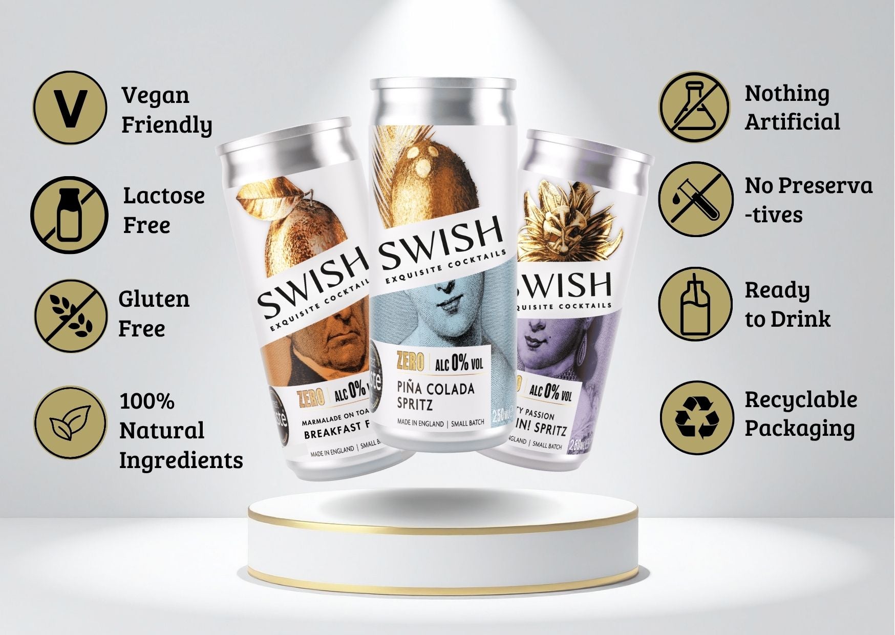 SWISH Non Alcoholic Cocktails | 0% Alc Vol 250ml cans displayed on a pedestal with icons highlighting product benefits.