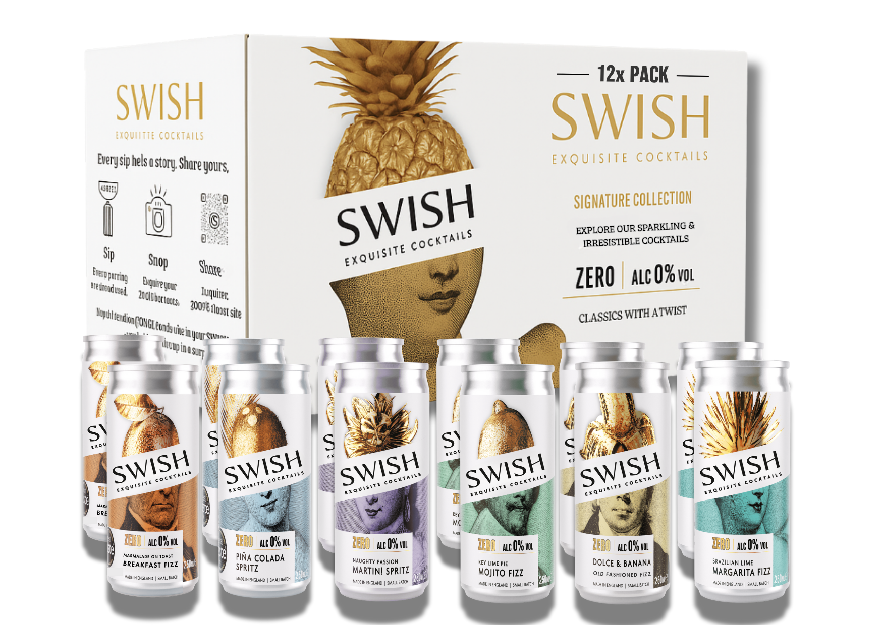 SWISH Non Alcoholic Gift Box – 250ml 0% Alc Vol ready-to-drink cocktails featuring Marmalade On Toast Breakfast Fizz, Pina Colada Spritz, Naughty Passion Martini Spritz, Key Lime Mojito Fizz, Brazilian Lime Margarita Fizz and Dolce & Banana Old Fashioned Fizz shown beside the branded 12-pack box.