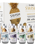 SWISH Non Alcoholic Gift Box – 250ml 0% Alc Vol ready-to-drink cocktails featuring Marmalade On Toast Breakfast Fizz, Pina Colada Spritz, Naughty Passion Martini Spritz, Key Lime Mojito Fizz, Brazilian Lime Margarita Fizz and Dolce & Banana Old Fashioned Fizz shown beside the branded 12-pack box.